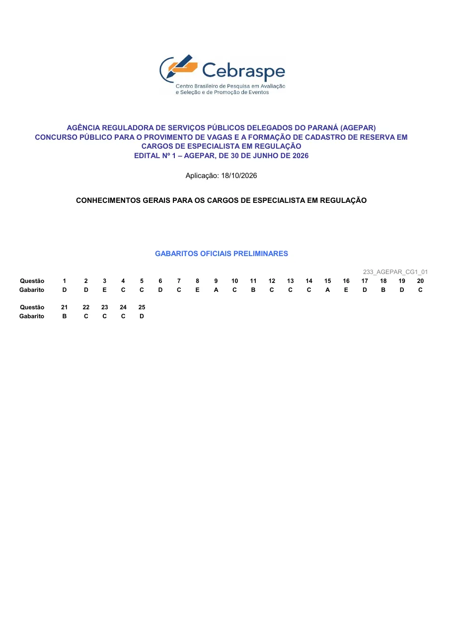 Página 1 do gabarito preliminar da banca Cebraspe