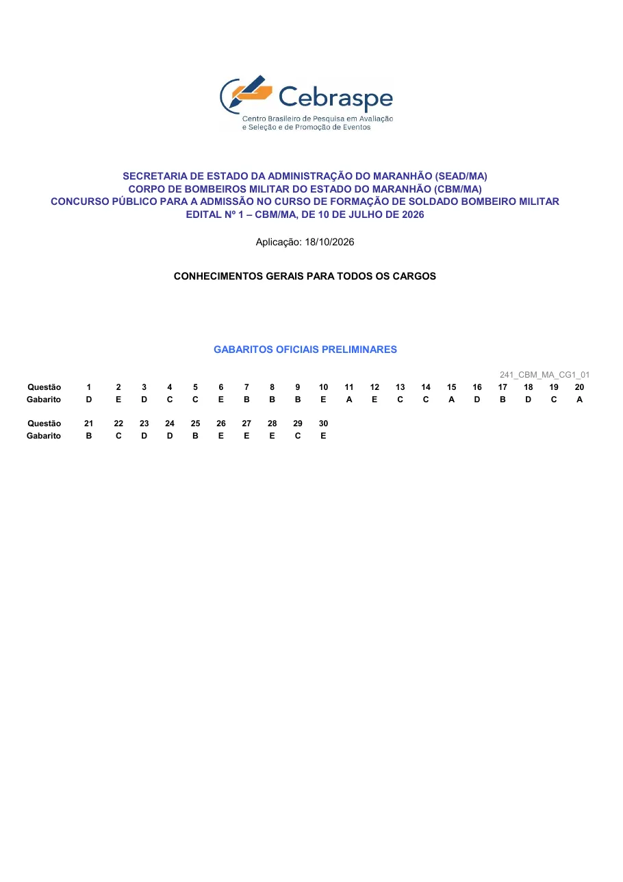 Página 1 do gabarito preliminar da banca Cebraspe
