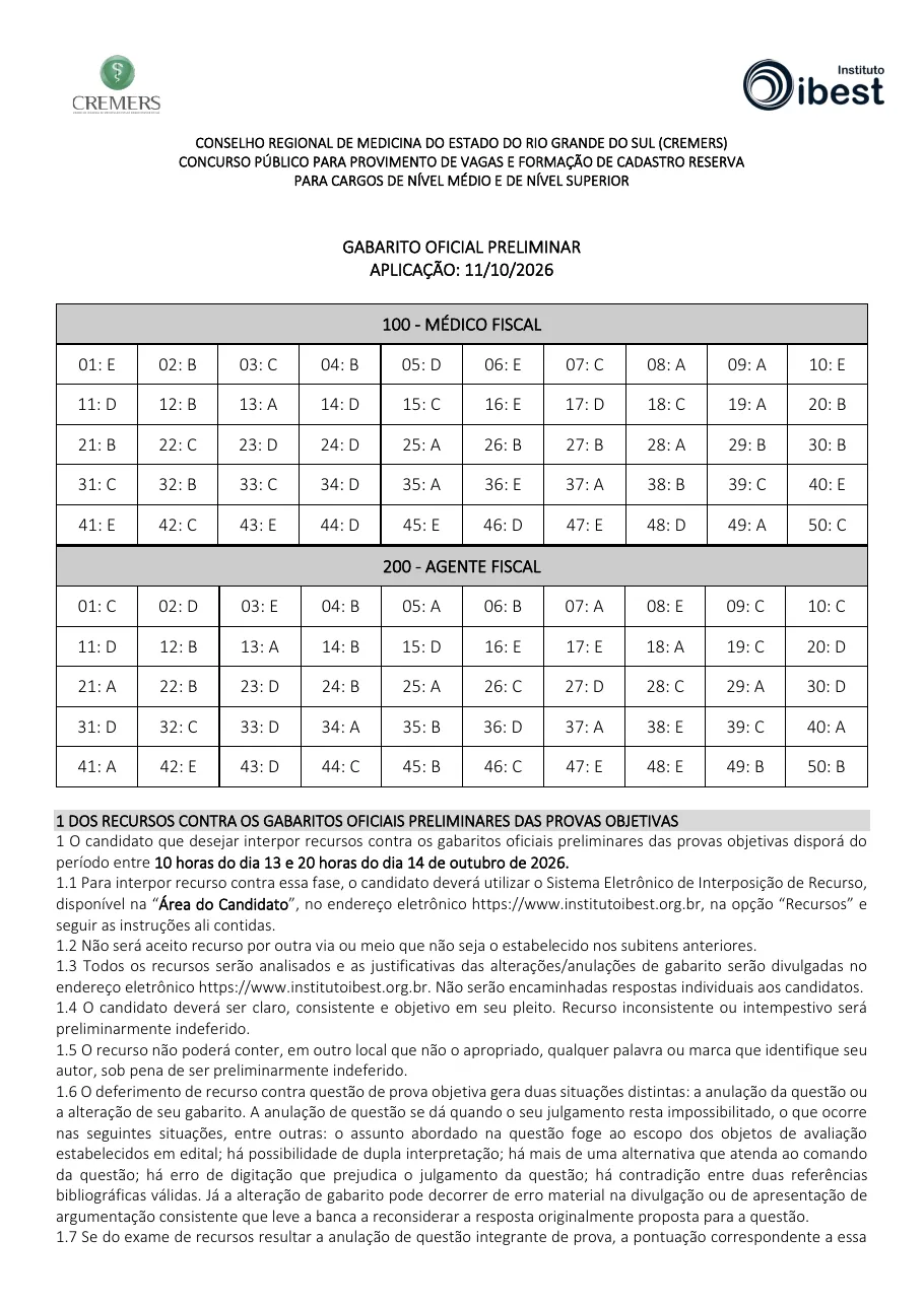 Página 1 do gabarito preliminar da banca Instituto Ibest