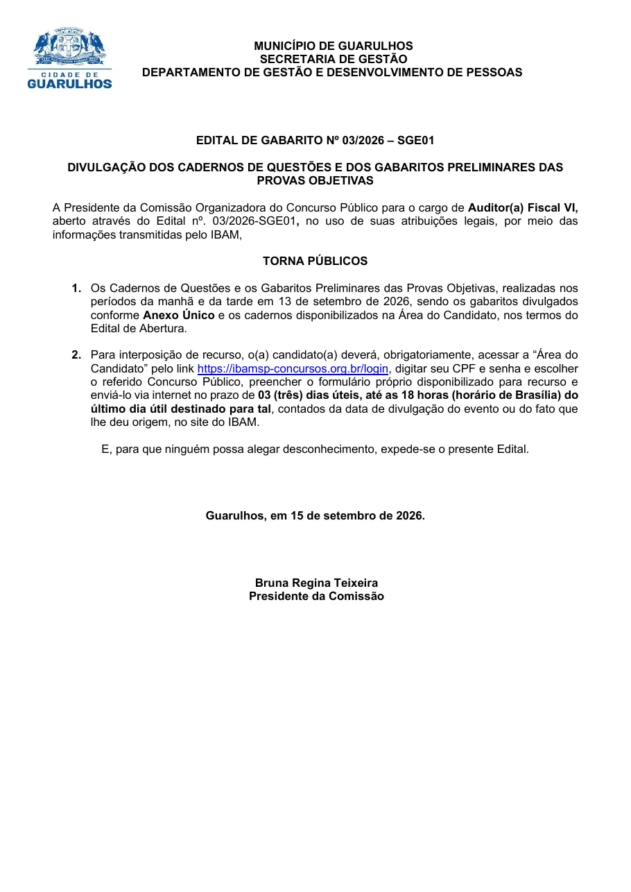 Página 1 do gabarito preliminar da banca IBAM