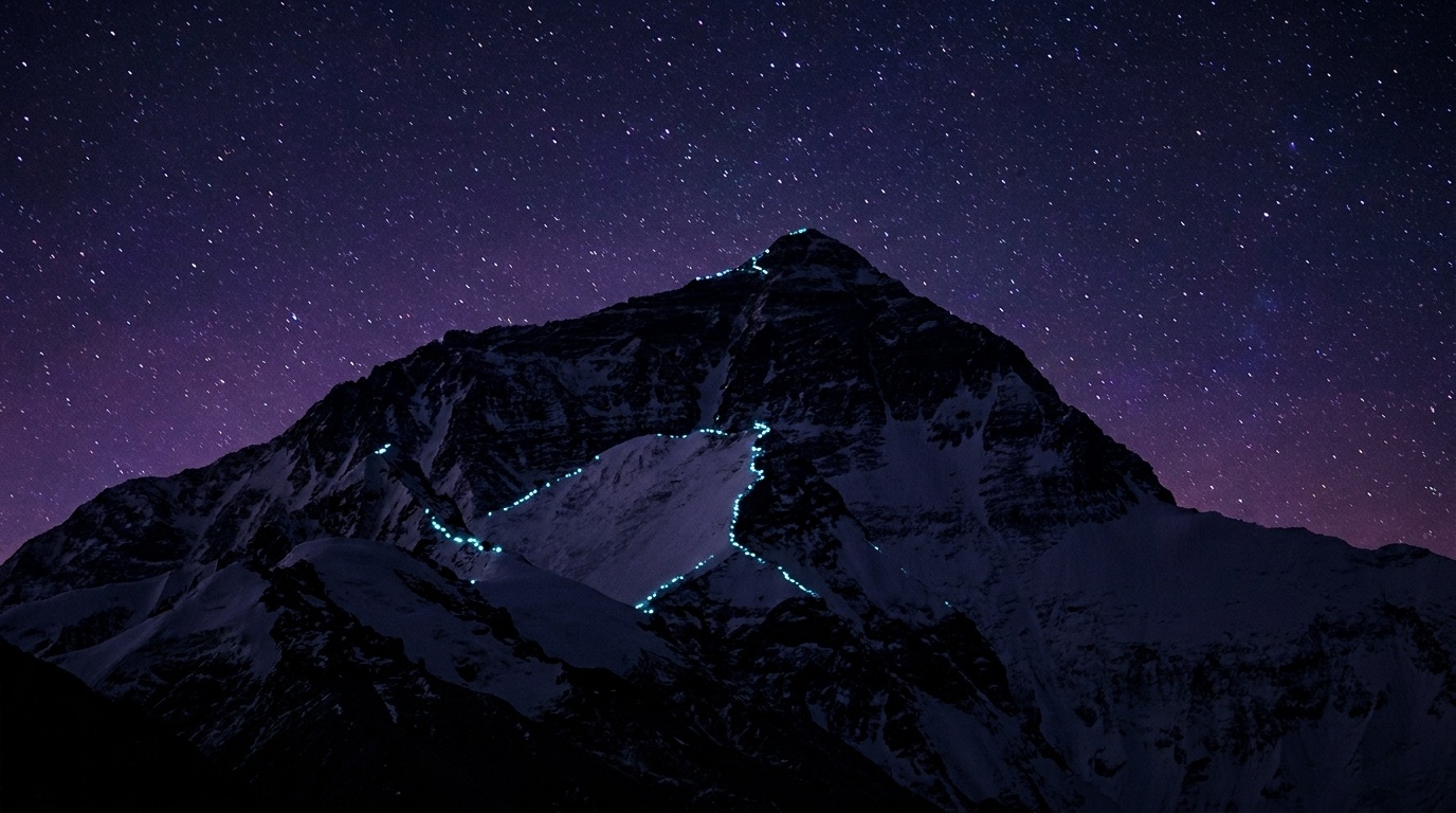 Everest à noite, trilha de lanternas de escaladores subindo a montanha